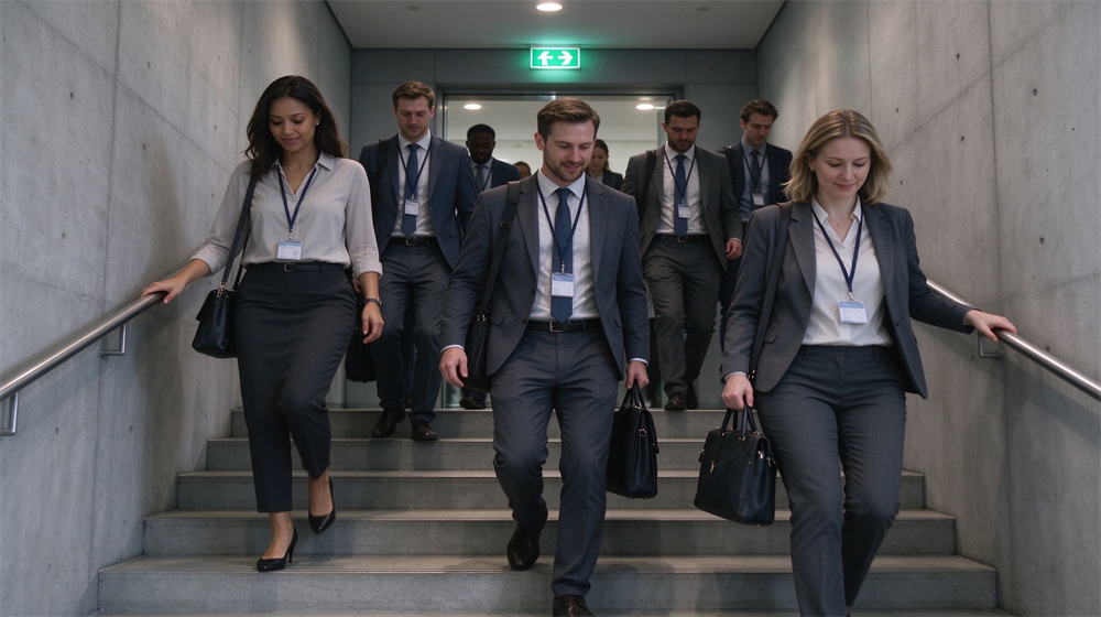 Modern office concrete stairwell with several business casual workers of different faces evacuating down stairs in an orderly single file holding handrails, green EXIT sign glowing above, even stairwell lighting Modern office concrete stairwell with several business casual workers of different faces evacuating down stairs in an orderly single file holding handrails, green EXIT sign glowing above, even stairwell lighting