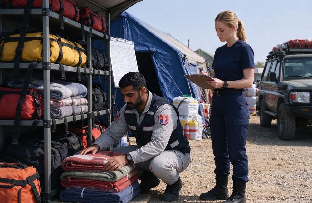 Middle Eastern rescue worker in light breathable coveralls and vest organises rolled blankets on an equipment rack while a female teammate checks a list at a field base