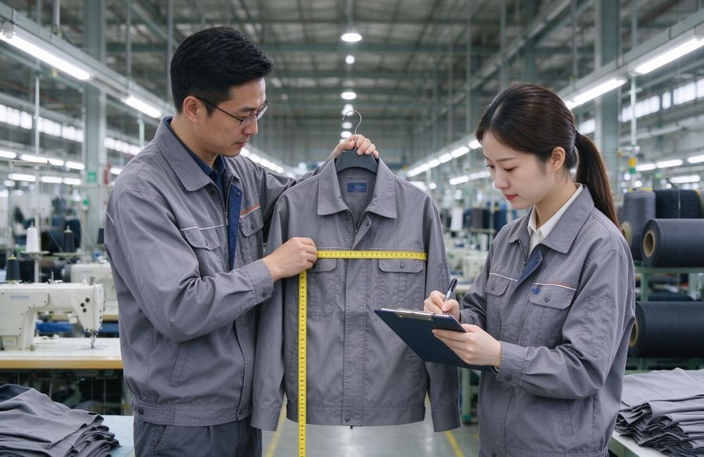 Asian quality inspectors measuring workwear chest and sleeve sizes in a bright production workshop, showing responder gear sizing quality control
