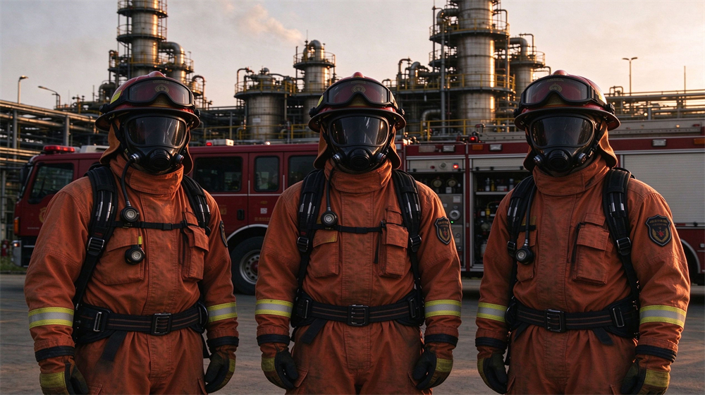 Three firefighters in orange fire suits with helmets and breathing apparatus, equipped for industrial emergency response