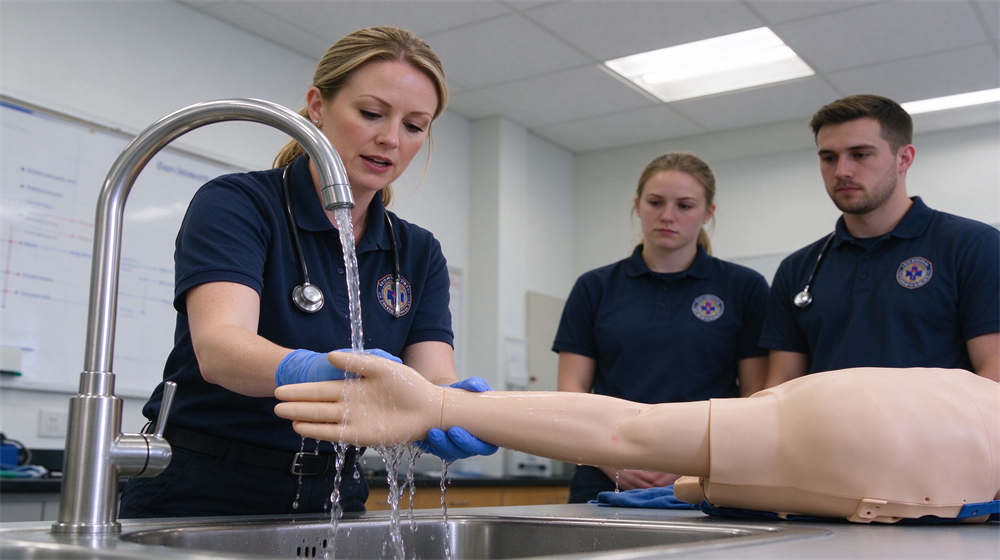 Bright first aid training room scene with a female instructor in navy uniform guiding trainees to hold a training manikin arm under cool running water from a stainless steel tap, clean facility, no visible wounds or skin damage Bright first aid training room scene with a female instructor in navy uniform guiding trainees to hold a training manikin arm under cool running water from a stainless steel tap, clean facility, no visible wounds or skin damage