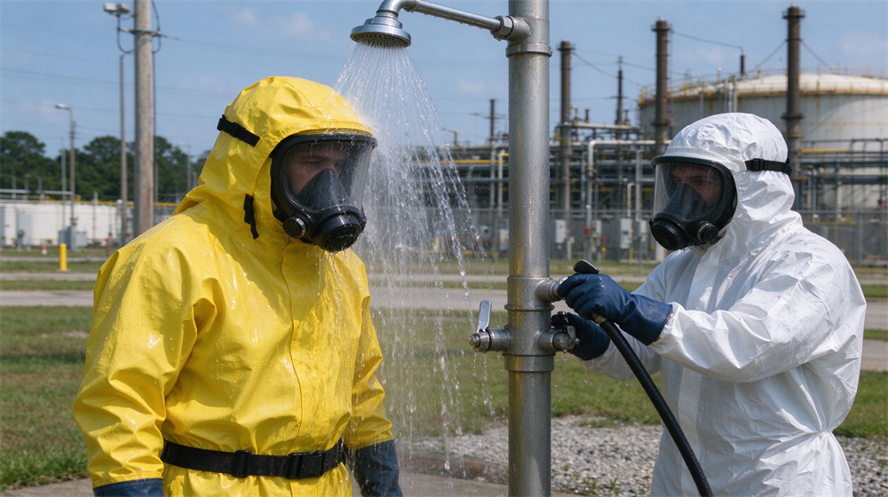 Outdoor industrial scene of a worker in yellow chemical protective suit standing under an emergency safety shower with water spraying down, another worker in white PPE operating the shower valve, daytime refinery background Outdoor industrial scene of a worker in yellow chemical protective suit standing under an emergency safety shower with water spraying down, another worker in white PPE operating the shower valve, daytime refinery background