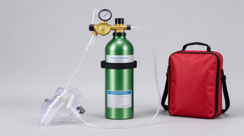 Studio product shot of a portable emergency oxygen cylinder kit on light gray background with green aluminum tank, brass regulator, pressure gauge, clear oxygen mask, tubing and red carry bag, product fills eighty percent Studio product shot of a portable emergency oxygen cylinder kit on light gray background with green aluminum tank, brass regulator, pressure gauge, clear oxygen mask, tubing and red carry bag, product fills eighty percent