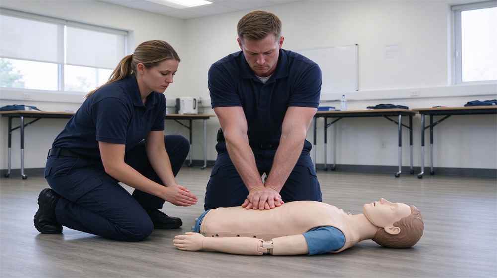 Bright training room with two rescuers in navy uniforms kneeling on a wooden floor, male rescuer performing chest compressions on an adult CPR manikin, female rescuer ready beside them, focused training atmosphere, different faces Bright training room with two rescuers in navy uniforms kneeling on a wooden floor, male rescuer performing chest compressions on an adult CPR manikin, female rescuer ready beside them, focused training atmosphere, different faces