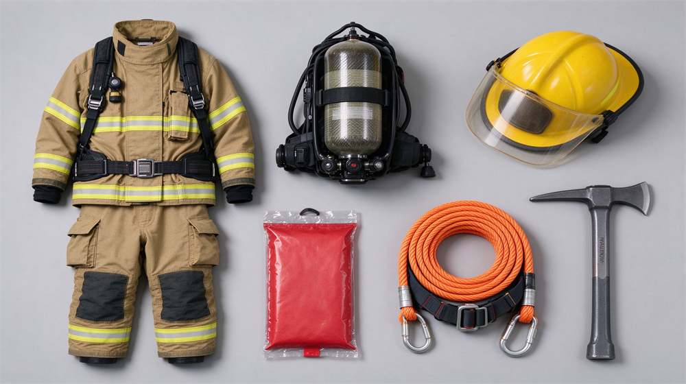 Top down flat lay of six fire fighting equipment categories on light gray background: turnout gear set, black SCBA unit, yellow fire helmet, red fire blanket, orange escape rope with harness, Halligan bar and axe, clean studio lighting Top down flat lay of six fire fighting equipment categories on light gray background: turnout gear set, black SCBA unit, yellow fire helmet, red fire blanket, orange escape rope with harness, Halligan bar and axe, clean studio lighting