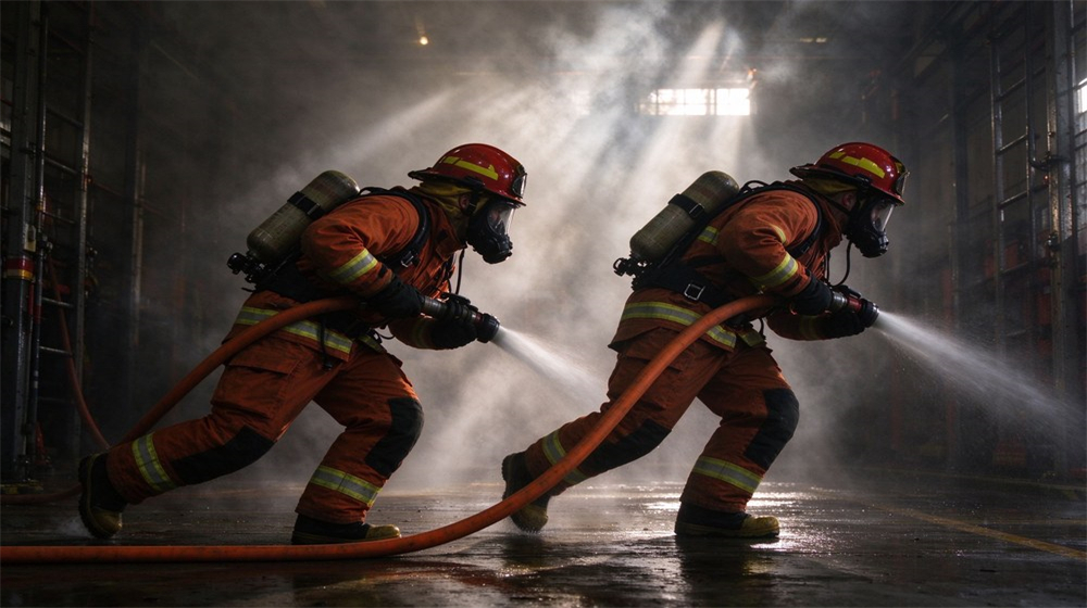 Interior structural fire attack shot with thick dark smoke filling a burning building, two firefighters in SCBA and turnout gear advancing low along a hose line, orange glow from fire ahead Interior structural fire attack shot with thick dark smoke filling a burning building, two firefighters in SCBA and turnout gear advancing low along a hose line, orange glow from fire ahead