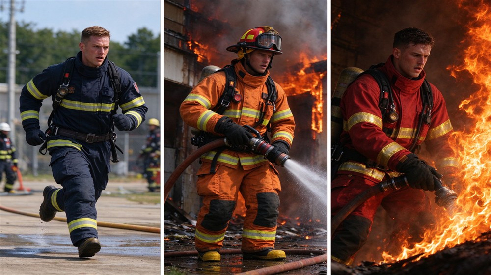 Outdoor training scene of multiple Caucasian firefighters in different tier turnout gear working together at a drill ground, hoses stretched, helmets on, realistic fire service training atmosphere Outdoor training scene of multiple Caucasian firefighters in different tier turnout gear working together at a drill ground, hoses stretched, helmets on, realistic fire service training atmosphere