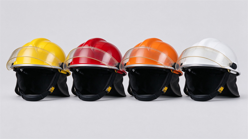 Studio product shot of four structural fire helmets in red, yellow, blue and white lined up on light gray background, clear visors and Nomex neck flaps visible Studio product shot of four structural fire helmets in red, yellow, blue and white lined up on light gray background, clear visors and Nomex neck flaps visible