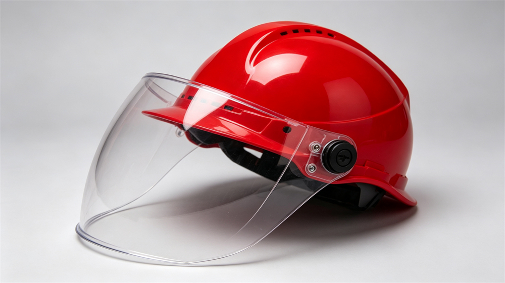 Close up studio shot of a red structural fire helmet with raised polycarbonate face shield visor, reflective trim and shell texture detail on light gray background Close up studio shot of a red structural fire helmet with raised polycarbonate face shield visor, reflective trim and shell texture detail on light gray background
