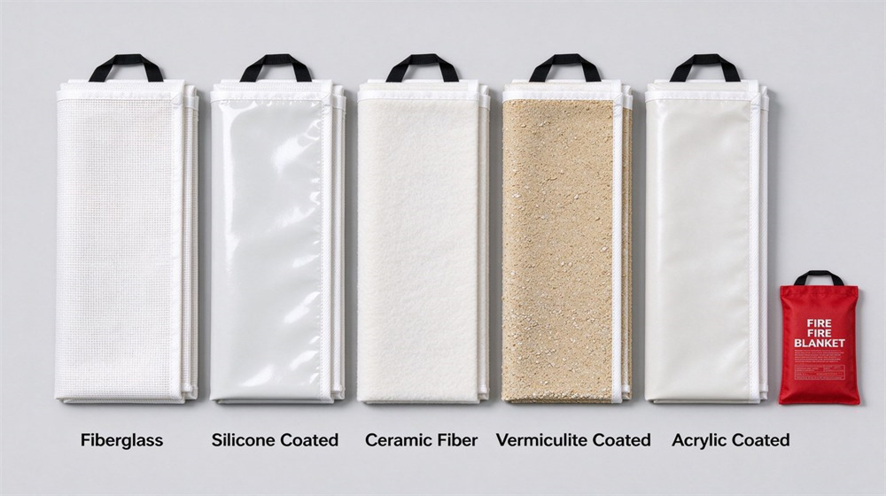 Studio product shot comparing five fire blanket material samples on light gray background: fiberglass, silicone coated, vermiculite, PTFE and carbon fiber blankets in folded stacks Studio product shot comparing five fire blanket material samples on light gray background: fiberglass, silicone coated, vermiculite, PTFE and carbon fiber blankets in folded stacks