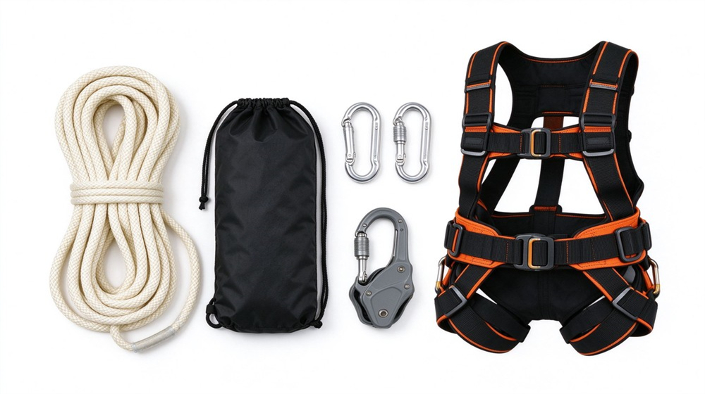 Studio product shot of escape rope and safety harness family on light gray background: multiple kernmantle rope coils in orange, white and red paired with full body harnesses and carabiners Studio product shot of escape rope and safety harness family on light gray background: multiple kernmantle rope coils in orange, white and red paired with full body harnesses and carabiners