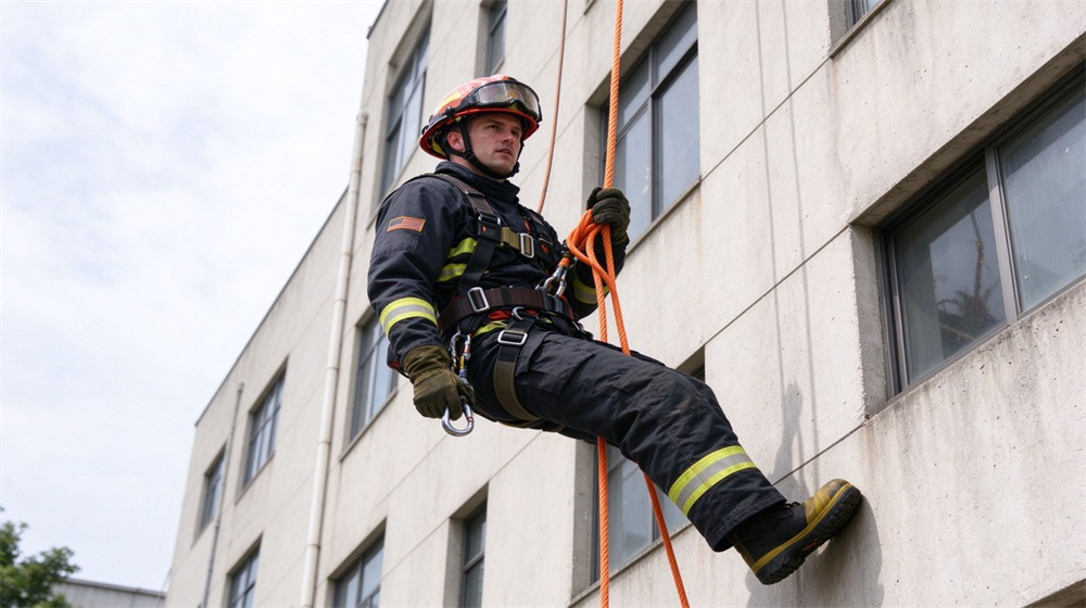 Outdoor rescue scene of a Caucasian firefighter rappelling down the side of a multi story building on an escape rope, harness engaged, helmet on, urban building facade behind Outdoor rescue scene of a Caucasian firefighter rappelling down the side of a multi story building on an escape rope, harness engaged, helmet on, urban building facade behind