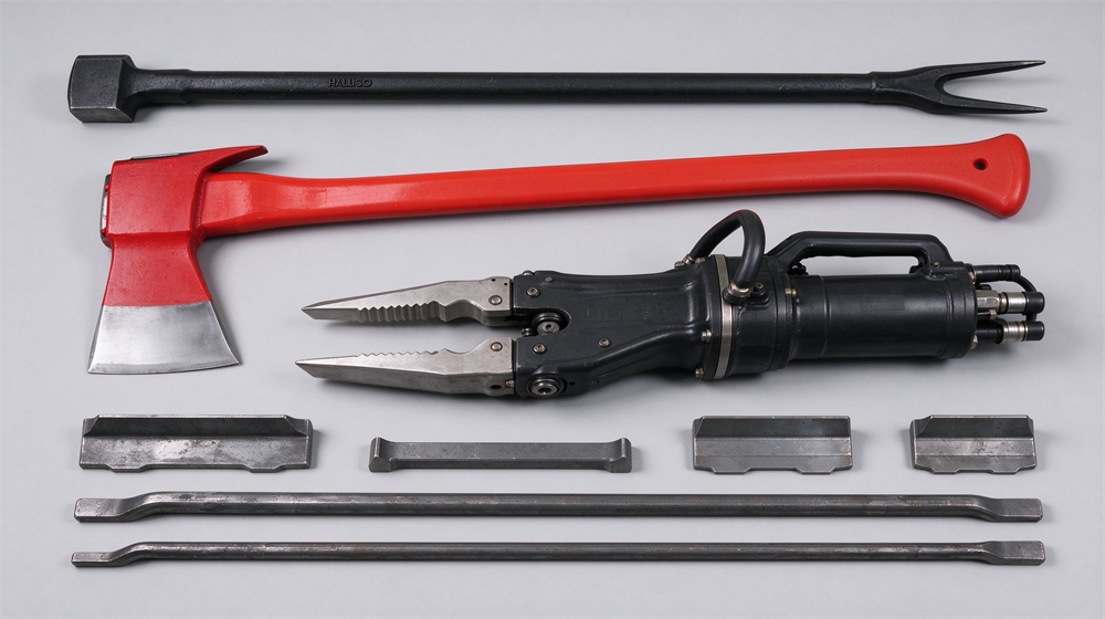Studio product shot of forcible entry tools laid flat on light gray: black Halligan bar, red fire axe with fiberglass handle, black hydraulic rescue spreader and steel wedges, matte industrial finish Studio product shot of forcible entry tools laid flat on light gray: black Halligan bar, red fire axe with fiberglass handle, black hydraulic rescue spreader and steel wedges, matte industrial finish