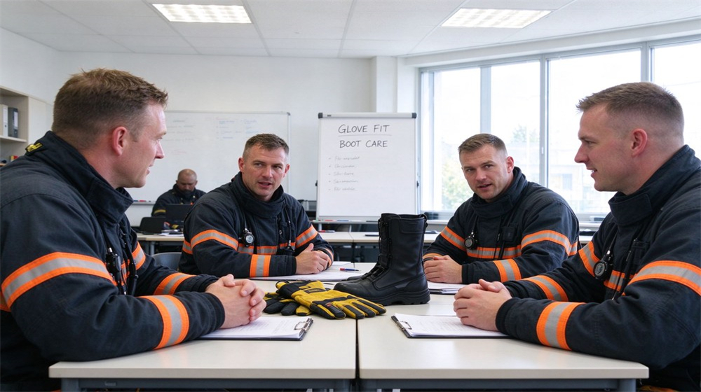 Bright classroom training scene with a Caucasian instructor teaching firefighting equipment use to a group of students in turnout gear, training equipment on table, whiteboard in background Bright classroom training scene with a Caucasian instructor teaching firefighting equipment use to a group of students in turnout gear, training equipment on table, whiteboard in background