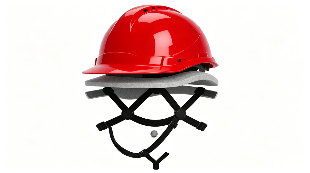 Red safety helmet with internal suspension harness and shock absorbing padding, protective headgear for industrial rescue. Red safety helmet with internal suspension harness and shock absorbing padding, protective headgear for industrial rescue.