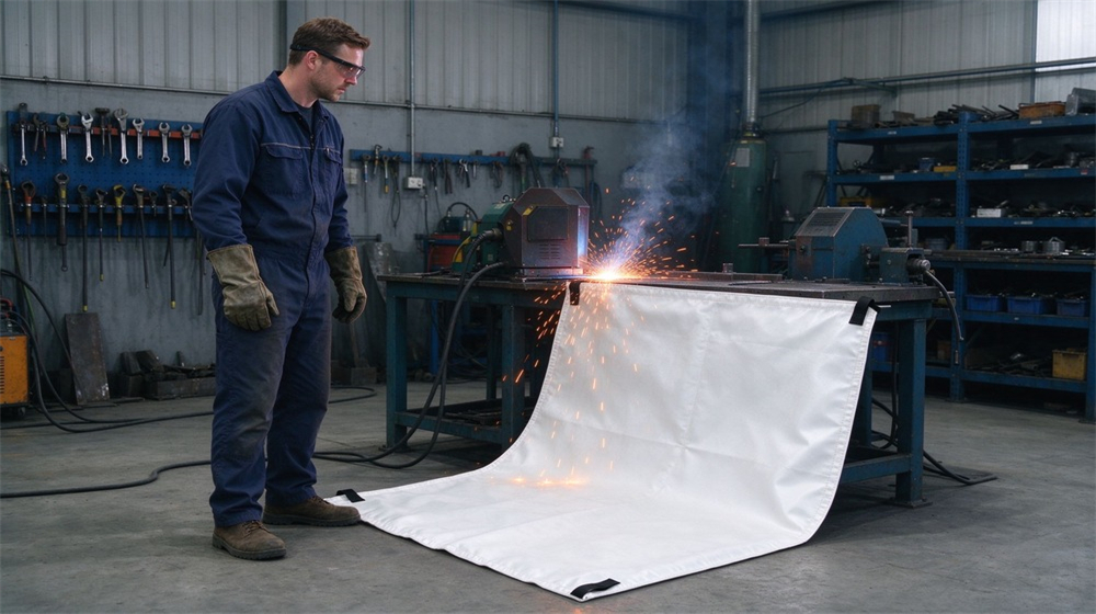 Worker observes cutting test, white welding fire blanket blocks sparks from metal cutting operation in workshop. Worker observes cutting test, white welding fire blanket blocks sparks from metal cutting operation in workshop.