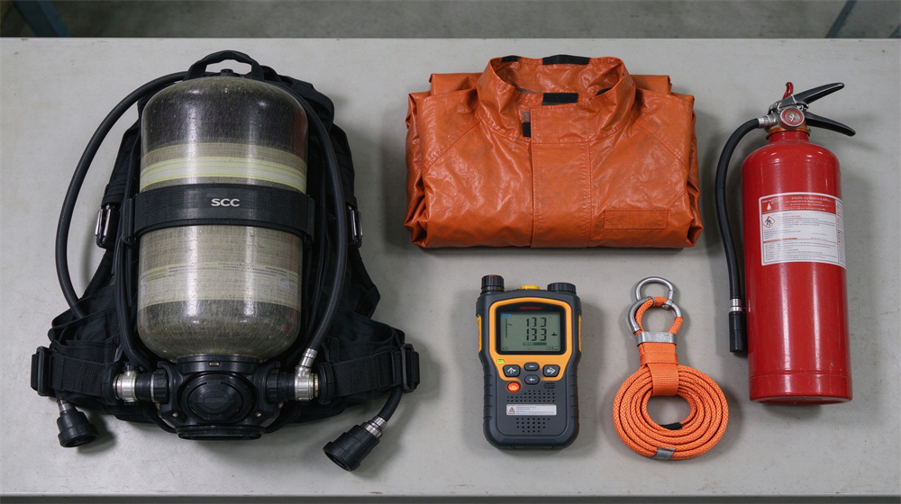 Emergency rescue gear laid flat on table, breathing apparatus, protective suit, gas detector, rescue rope and fire extinguisher. Emergency rescue gear laid flat on table, breathing apparatus, protective suit, gas detector, rescue rope and fire extinguisher.