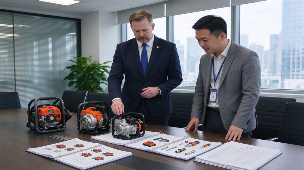 Two professionals examine portable fire pumps and product specification documents placed on conference table. Two professionals examine portable fire pumps and product specification documents placed on conference table.