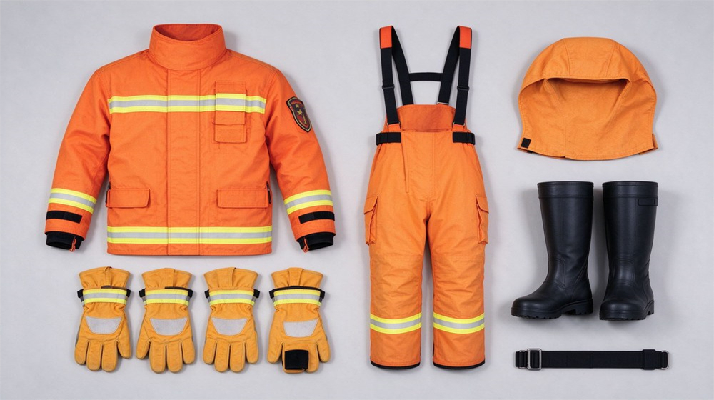 Full set of orange fire protective clothing with reflective stripes, jacket, bib trousers, hood, gloves, rubber boots and belt. Full set of orange fire protective clothing with reflective stripes, jacket, bib trousers, hood, gloves, rubber boots and belt.
