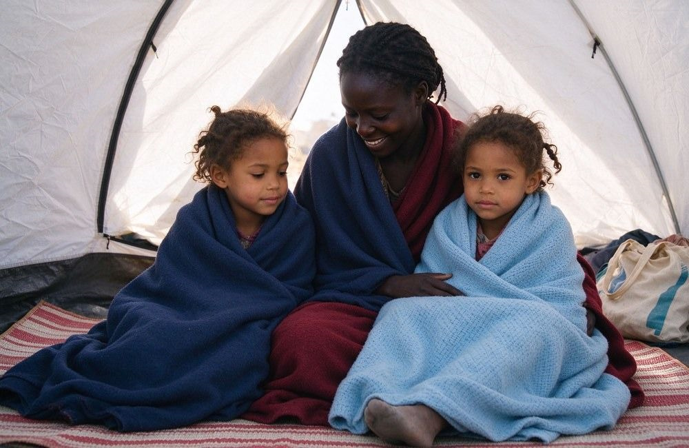 African mother and two children wrapped in woven shelter blankets inside a tent at an IDP camp, showing family bedding for displaced families in Africa
