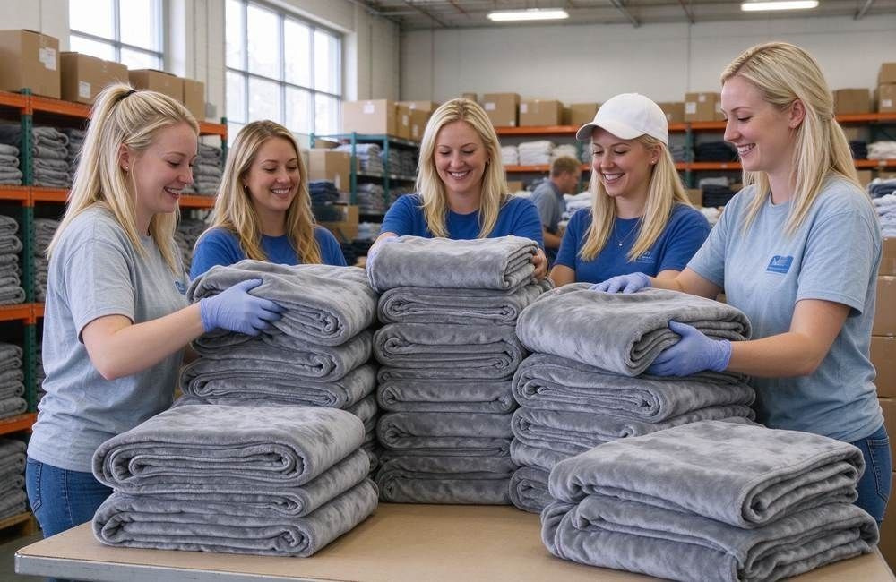 Volunteers folding camp blankets into labelled bundles at an IDP camp for distribution, showing camp distribution preparation in a field depot