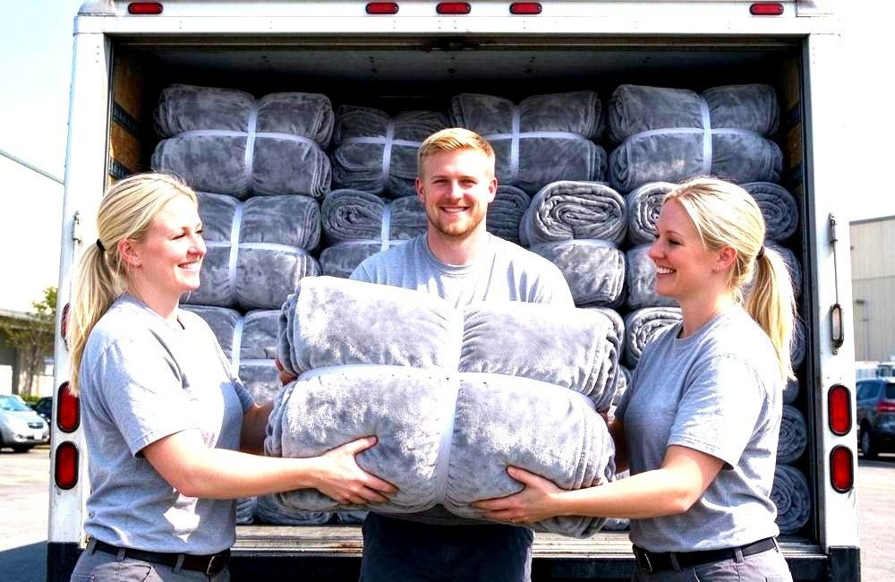 Relief truck being loaded with camp bedding cartons for inland distribution in the Sahel, showing camp distribution logistics to remote sites