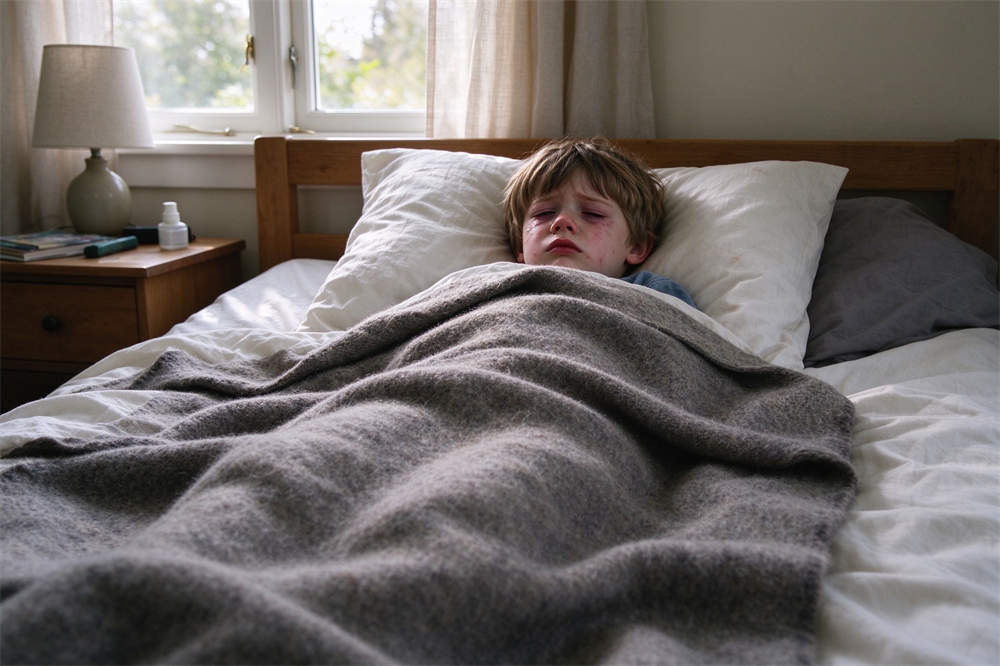 Child resting in bed at home covered with thick wool blanket, influenza recovery comfort supplies for household flu kit Child resting in bed at home covered with thick wool blanket, influenza recovery comfort supplies for household flu kit