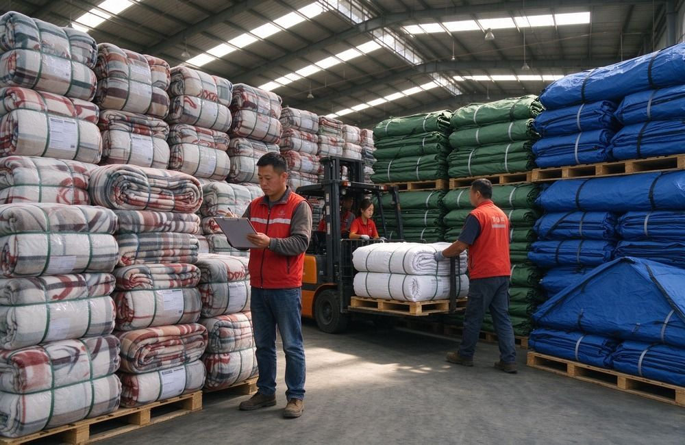 Warehouse stacked with pre-positioned relief stock of blankets and tents before cyclone season, showing pre-positioning relief stock for storm response
