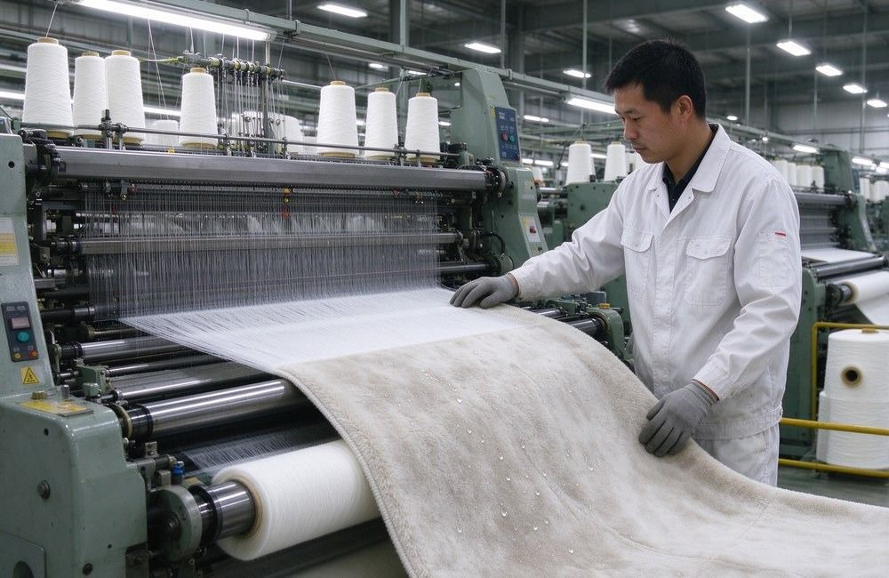 Asian worker in white uniform checks water-resistant blanket fabric on a large warp knitting machine in a bright modern textile mill with machines and yarn filling the room