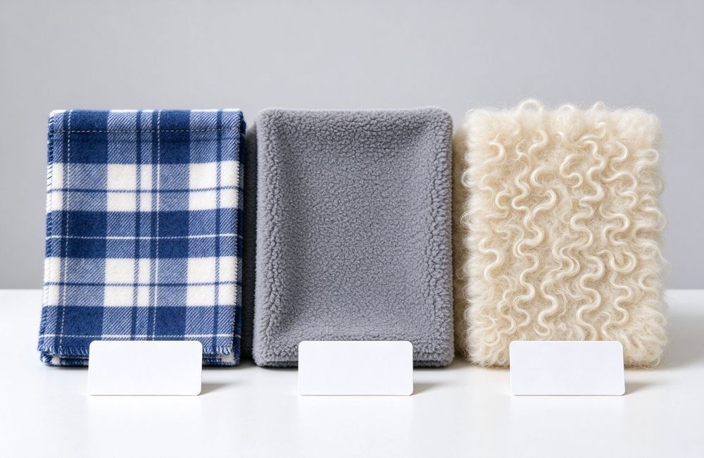 Comparison of blanket fabric swatches with different weaves for cyclone program selection, showing storm response blankets fabric options for buyers to verify