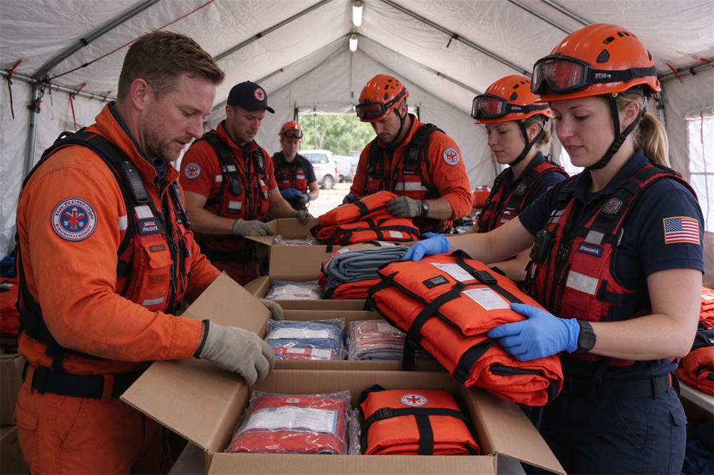 Life jacket distribution unboxing by rescue workers, bulk PFD wholesale supplies for water safety and emergency services