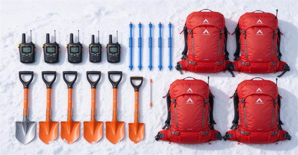 Flat lay product family of avalanche rescue equipment including beacon probe and shovel on white background showing three essentials Flat lay product family of avalanche rescue equipment including beacon probe and shovel on white background showing three essentials
