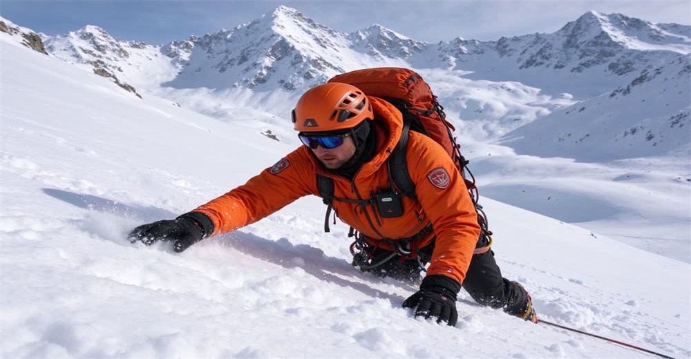Eye-level view of rescuer in orange vest searching with avalanche transceiver on snowy slope showing beacon search technique