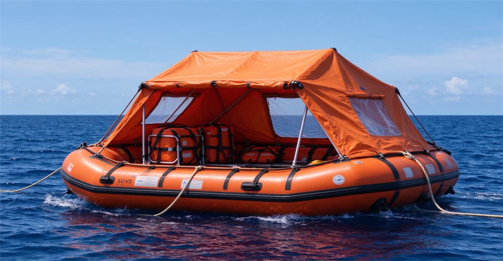 Wide view of orange inflatable life raft floating on ocean showing SOLAS-approved life raft for emergency abandonment