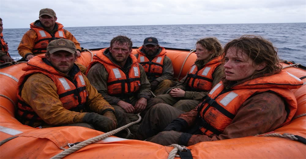 Wide view of survivors inside orange life raft waving for help in open ocean showing rescue waiting scenario Wide view of survivors inside orange life raft waving for help in open ocean showing rescue waiting scenario