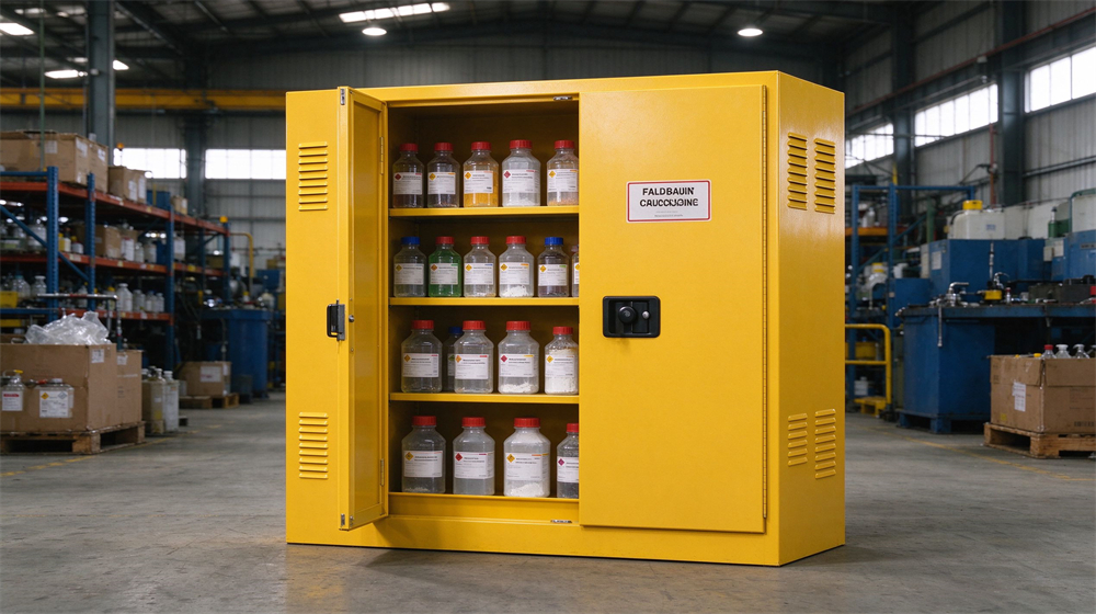 Yellow flammable safety cabinet with open door, chemical reagent bottles neatly placed inside in warehouse