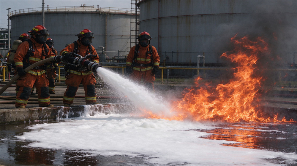Firefighters in orange fire fighting suits operate foam nozzle to spray fire suppression foam towards burning liquid fire at industrial tank farm.