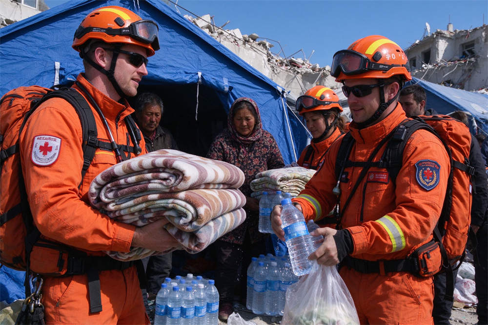 Rescue workers distributing blankets and water at bright outdoor relief site, volcano eruption relief supplies for affected communities