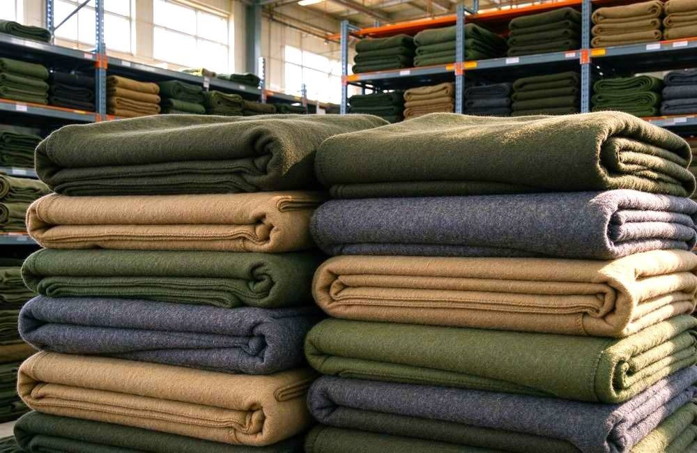 Stacked wool polyester blend field cold weather blankets in olive green, khaki, charcoal and army green colors at a bright warehouse, showing bulk supply ready for <strong class