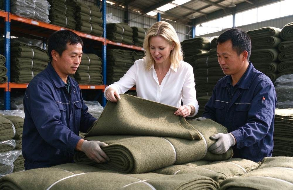 European buyer checking olive wool blend emergency blankets together with Asian factory inspectors in warehouse