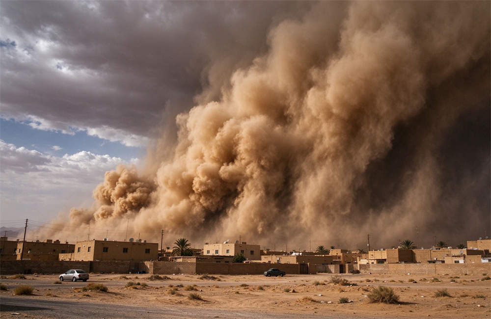 Massive yellow sandstorm wall approaching a desert town, dramatic dust cloud towering over buildings, sandstorm emergency kit preparedness