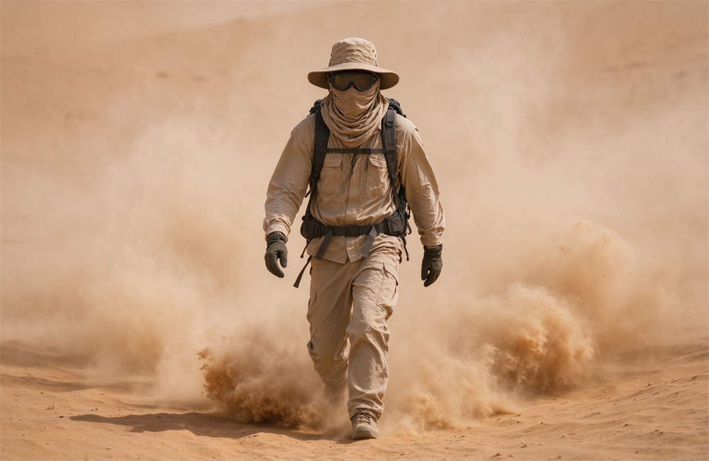 Worker fully covered in desert protective clothing, long sleeves, face scarf, goggles, wide brim hat, what to wear in sandstorm