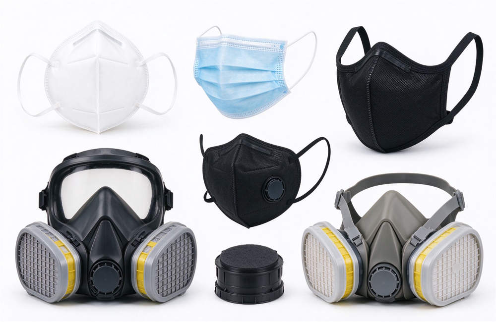 Collection of dust masks for sandstorm including N95, KN95, activated carbon, and full face respirator, desert disaster supplies