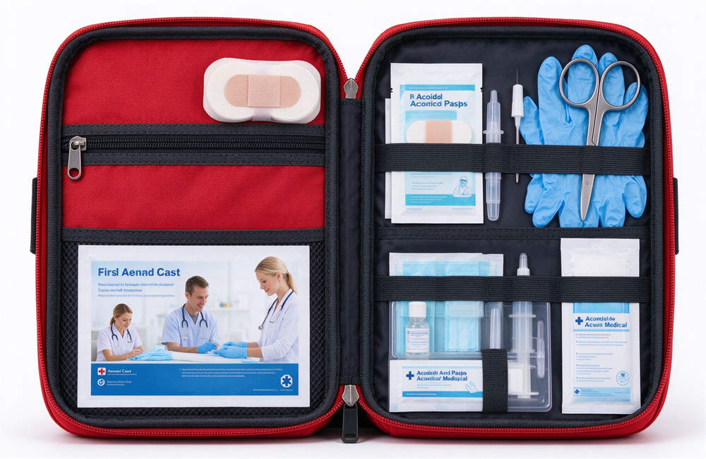 Red emergency first aid kit open with bandages, antiseptic wipes, gloves, scissors, medical supplies for sandstorm injury